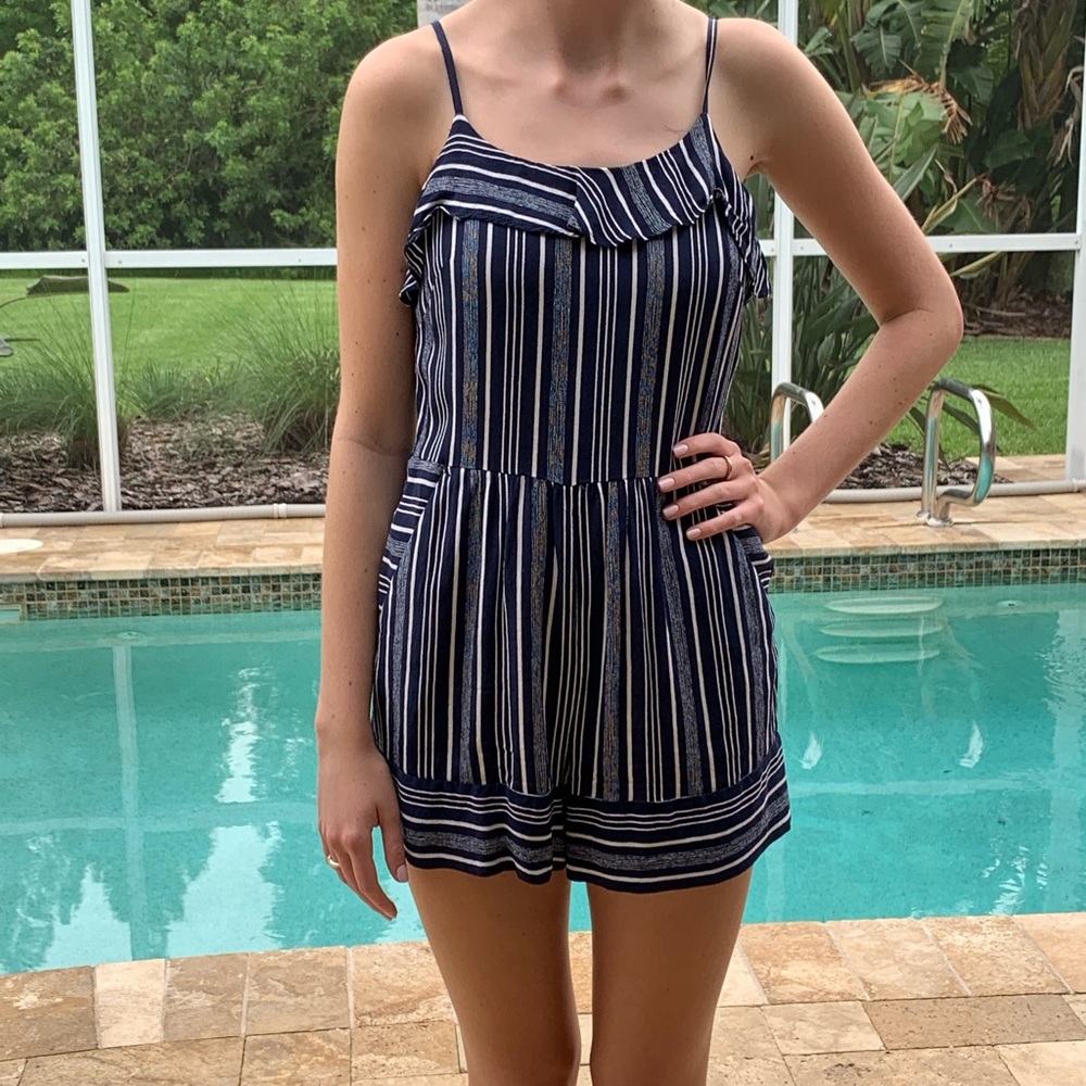 Navy blue romper with white stripes